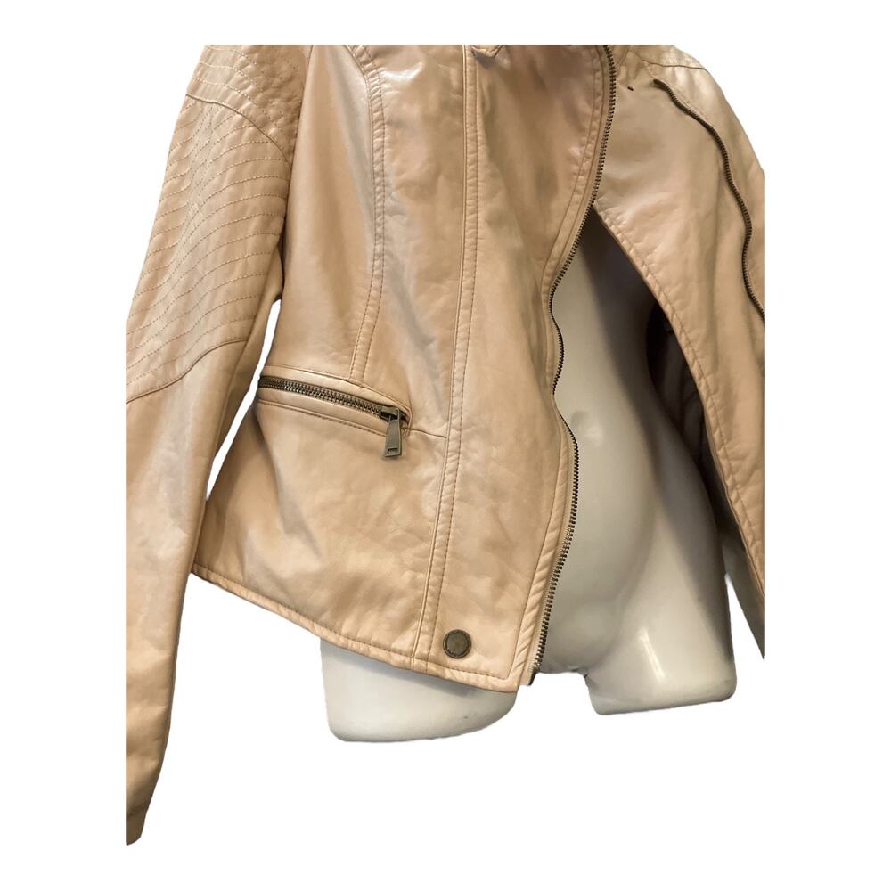JouJou Women's Beige Faux Leather Full Zip Moto Jacket Zipper Pockets Snaps SZ L - Picture 5 of 11